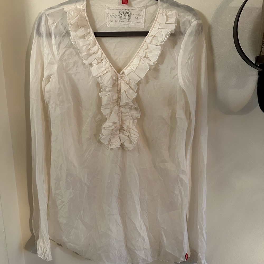 Edc Elegant White Ruffled Women's Top